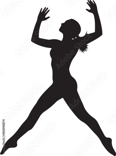 Silhouette of a woman in a dynamic dance pose with arms raised