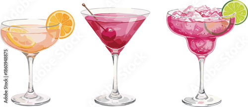 Colorful cocktail drinks illustration set featuring margarita, martini, and citrus beverages isolated on white background for bar, party, and menu design use