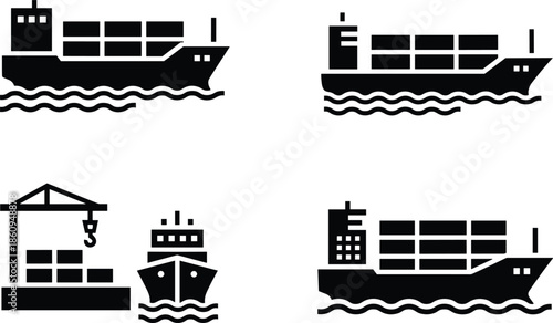 Cargo ship and port logistics icon set showing container vessels, freight transport, harbor crane operations, and maritime shipping silhouettes isolated on white background