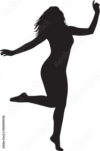 Silhouette of a woman dancing with arms outstretched and one leg raised