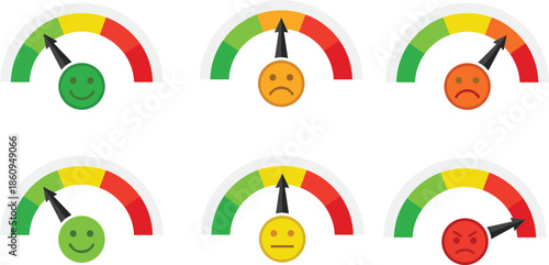 Customer satisfaction meter icons set with smiley faces, feedback rating gauges from happy to angry emotions for UX, surveys, and business analytics design
