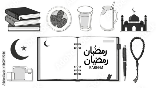 Ramadan Kareem Flat Lay Collection with Islamic Elements, Dates, Holy Quran, and Prayer Beads, Isolated White Background
