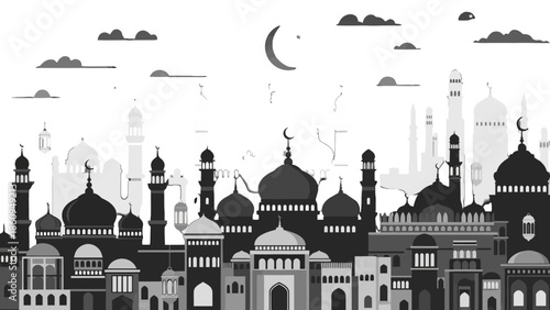 Serene Islamic Cityscape Silhouette with Mosques, Minarets, and Crescent Moon under Clouds, Evening Scene
