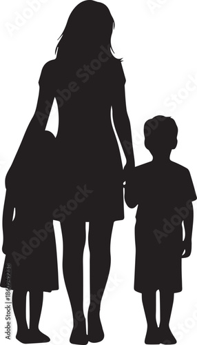 Mother and children walking together