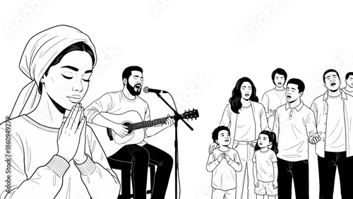 Muslim Woman Praying with Family Singing and Playing Guitar in a Bright Studio, Celebrating Music and Spirituality