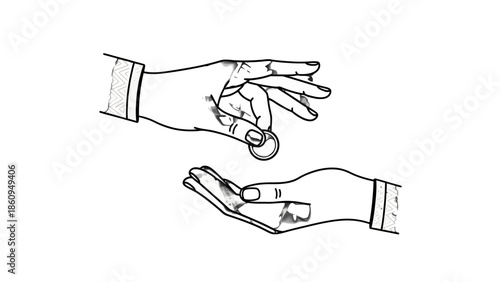 Hand Giving Coin to Another Hand, donation and charity concept in black and white line art on isolated white background