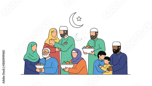 Diverse Muslim family and community members celebrating Eid, sharing food and drinks, conveying joy and togetherness in a bright studio.