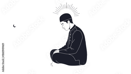 Silhouette of a peaceful Muslim man praying in a traditional position, conveying devotion and spirituality, isolated white background.