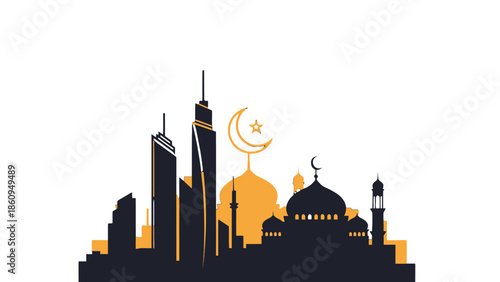 Modern city skyline silhouette with a majestic mosque and contemporary skyscrapers under a golden crescent moon and star.
