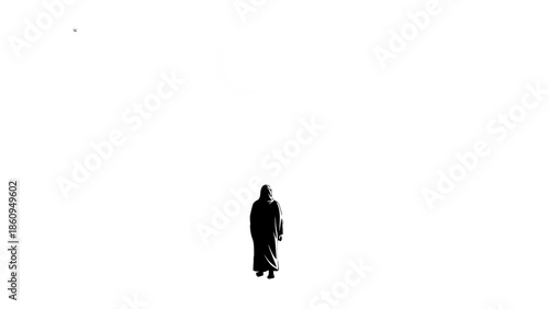 Silhouette of a lone person walking away in a contemplative mood, isolated white background.