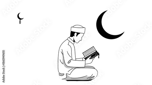 Peaceful Muslim man wearing skullcap sitting and reading the Holy Quran under a crescent moon, isolated white background.