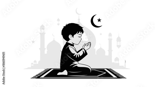 Young Muslim boy devoutly praying on a prayer mat in front of a mosque silhouette, conveying peace and spirituality.
