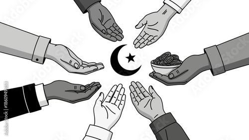 Hands Giving and Receiving Zakat or Sadaqah Charity with Crescent Moon and Dates, isolated white background