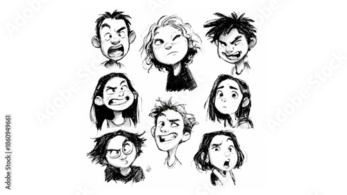 Collection of nine expressive cartoon faces showing various emotions and expressions in black and white style