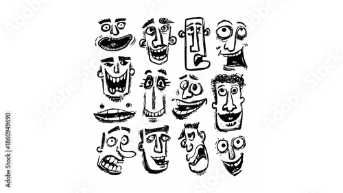 Collection of whimsical cartoon faces with exaggerated expressions in black and white drawing style illustration