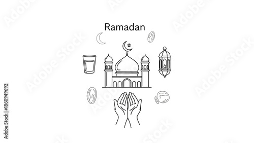 Ramadan Kareem Celebration Elements Outline with Mosque, Dates, and Praying Hands, isolated white background