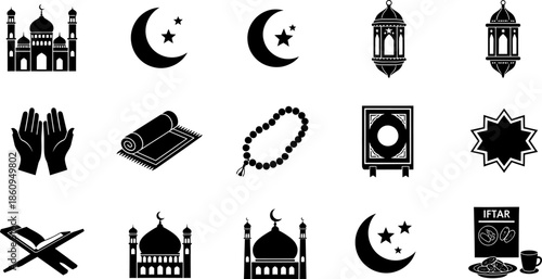 Islamic Culture and Ramadan Kareem Icon Collection - Black Solid Symbols for Religion, Prayer, and Eid Al-Fitr Celebration