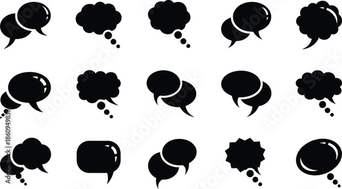 Speech and Thought Bubble Icon Collection - Black Solid Symbols for Chat, Dialogue, and Digital Communication Design