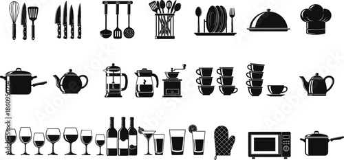 Kitchen Utensils, Cookware and Tableware Silhouette Icon Set, Black Vector Collection of Cooking Tools, Coffee Equipment, Glassware and Appliances for Restaurant Design