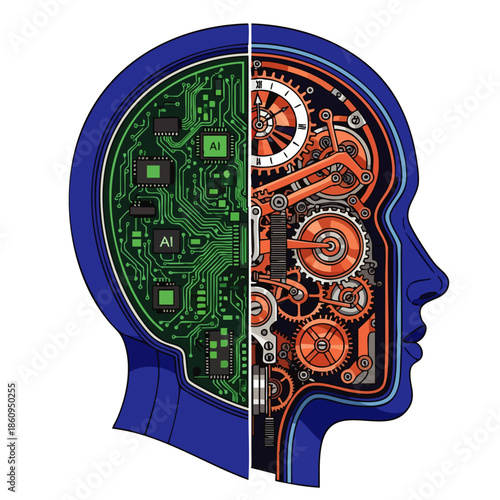 This conceptual illustration beautifully depicts the intricate interplay between advanced artificial intelligence and complex mechanical thinking within the human mind.