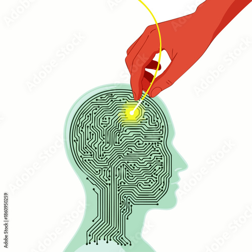 An illustration shows a human head as a circuit board, with a hand manipulating a glowing element, symbolizing artificial intelligence and brain control.