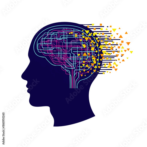 A digital representation of the human brain processing information, with data particles flowing out, symbolizing artificial intelligence and cognitive functions.