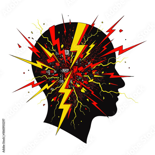 A striking graphic of a human head silhouette bursting with yellow lightning and red sparks, symbolizing intense thought, creativity, stress, or an epiphany.