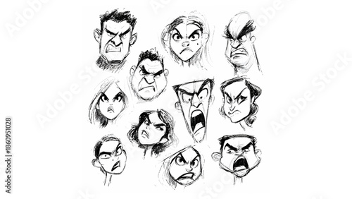 Collection of sketched faces displaying various expressions of anger and frustration in black and white style