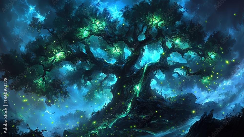 Fototapeta premium Enchanted Glowing Tree in Mysterious Forest with Fireflies