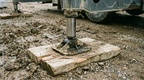 Hydraulic crane outrigger stabilizer leg resting on wooden pad in mud