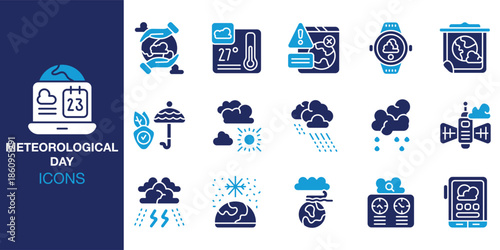 Meteorological Day Icon set. Containing observation, satellite, radar, cloud, rainfall, storm and more. Solid vector icons collection. Vector illustration.