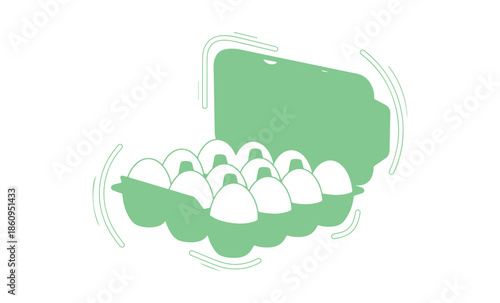 Icon in color representing egg storage.  This features an egg package, holder, and box.  It protects against the absorption of strange food aromas.  Eggs should be stored in their original carton.