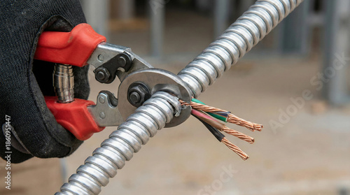 Electrician hands cutting armored electrical cable with wire cutters