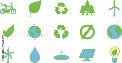 Collection of colorful flat line icons representing various environmental sustainability concepts like renewable energy conservation and ecological protection efforts