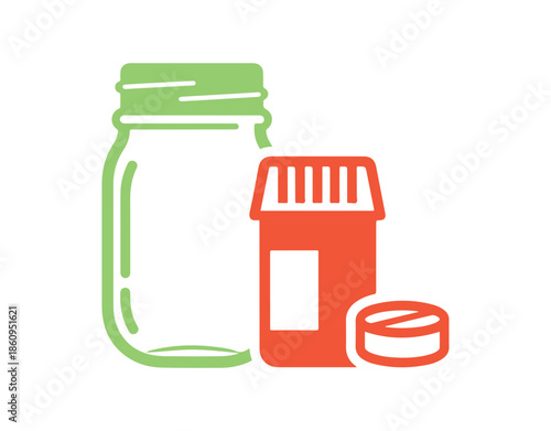 Line art vector icon depicting a mason jar glass container.  Icon of a medicine bottle along with a pill.  Mason jar pot.
