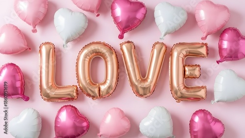 Valentine's day celebration with heart balloons and love sign