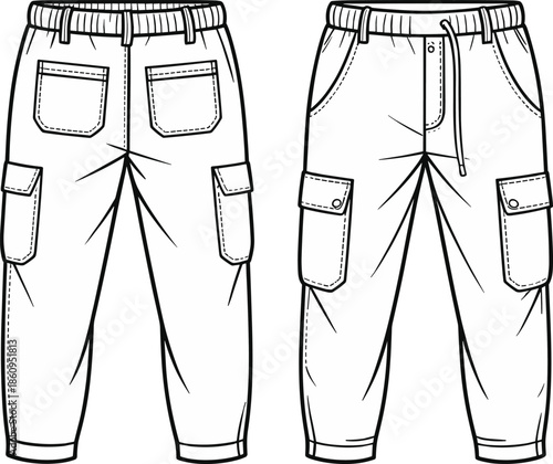 Men cargo jogger pants technical flat vector illustration, front and back view, elastic drawstring waist, utility pocket workwear CAD