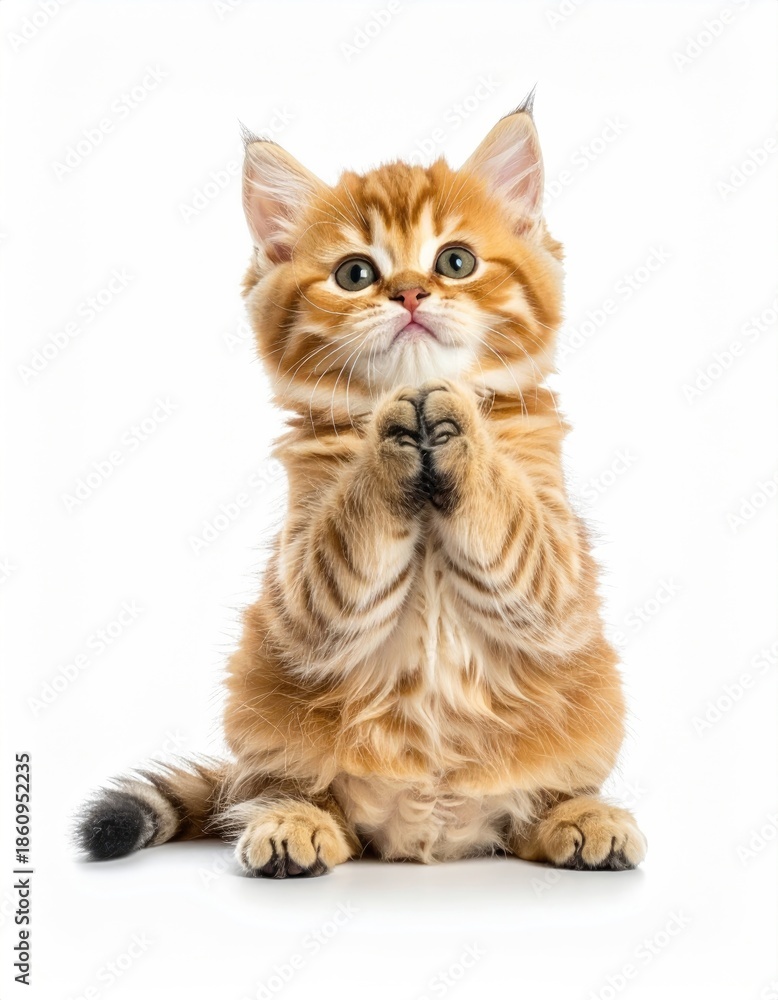 Fototapeta premium A cute, orange kitten sits with paws clasped, looking up