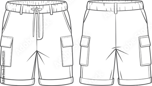 Men cargo shorts technical flat vector illustration, front and back view, elastic waistband, utility side pockets, apparel CAD drawing design