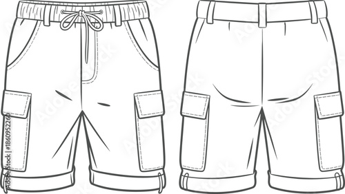 Men cargo shorts technical flat vector illustration, front and back view, elastic waistband, utility side pockets, modern apparel CAD drawing