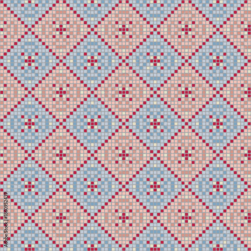pink, blue abstract flowers of hand drawn squares. pixel ornament. vector seamless pattern. repetitive background. modern decorative art. geometric fabric swatch. textile design. embroidery template