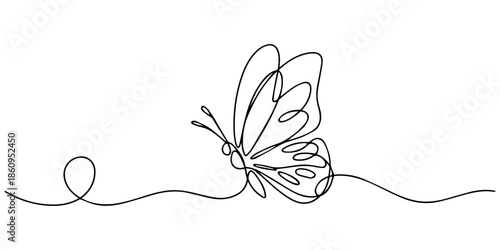 Butterfly drawing with one continuous editable line. Minimalist linear design of beautiful butterfly for logo, Butterfly in One continuous line drawing. Beautiful flying moth for wellbeing beauty pro.