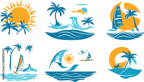 Vector illustration set of tropical summer beach elements and sailing ships featuring ocean waves, palm trees, sun, and island travel icons for nature vacation design