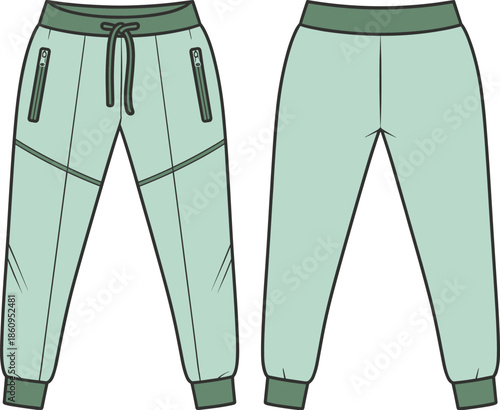 Men jogger pants technical flat vector illustration, front and back view, elastic waistband, zipper pockets, modern sportswear CAD drawing design