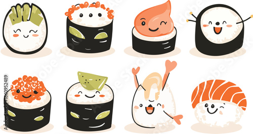 Healthy set of traditional Japanese maki and salmon sushi rolls with raw fish and rice isolated on a white plate for a gourmet seafood meal