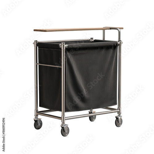 Laundry cart with wooden shelf and black fabric bag on wheels