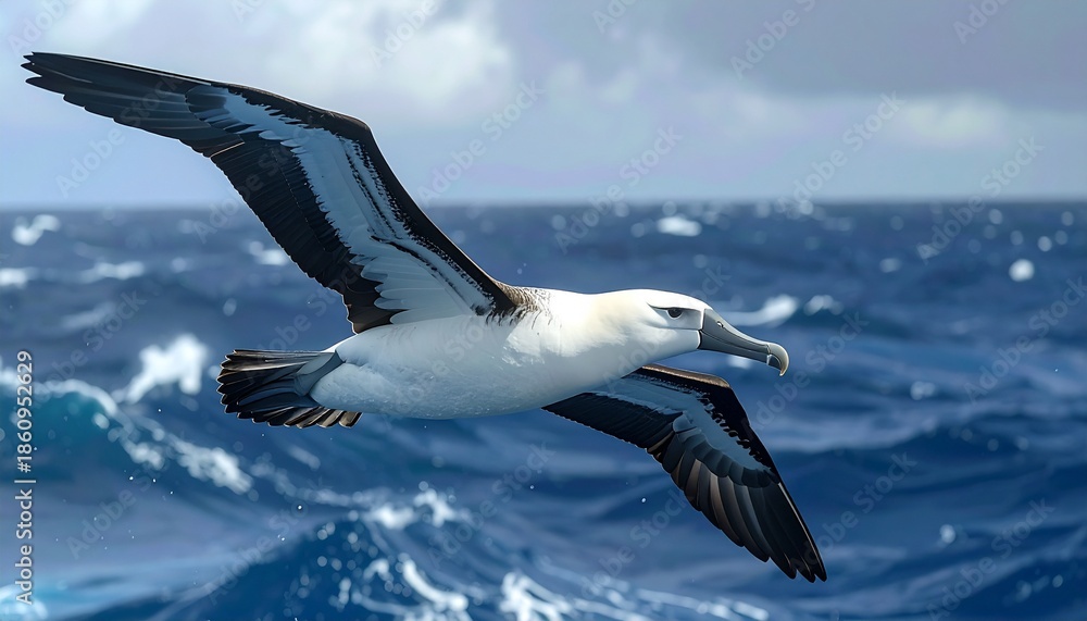 Fototapeta premium Albatross soaring gracefully over vast ocean waves under cloudy sky