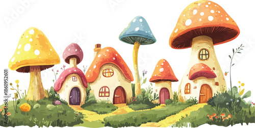 A fairy tale mushroom house and castle cottage illustration featuring a gingerbread roof and Christmas tree in a summer forest village estate design vector icon