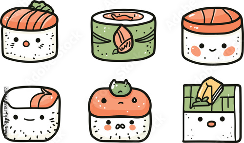 Set of funny cartoon Christmas icons and delicious food vector illustrations featuring a burger, pizza, sushi, and dessert cake for a festive restaurant meal menu