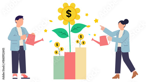 Two individuals watering money trees growing from an ascending bar chart, symbolizing investment and wealth build